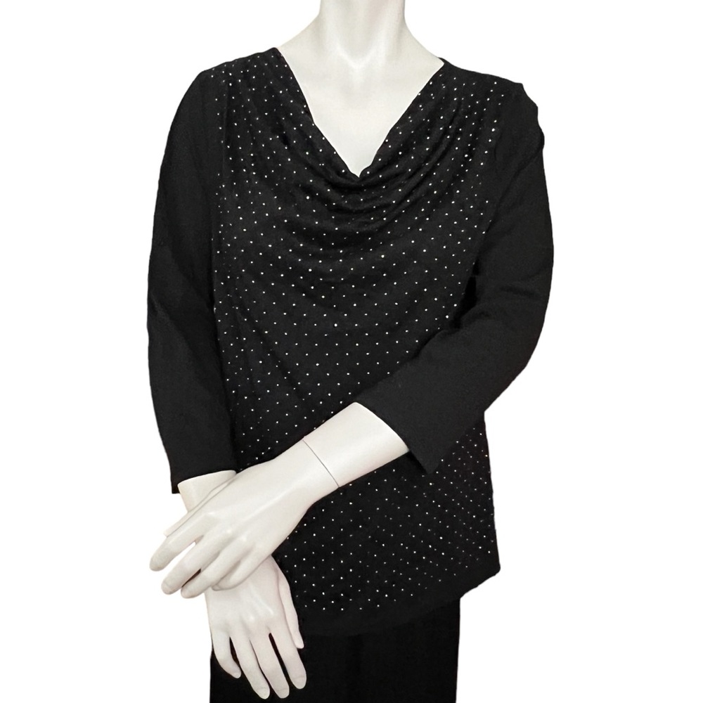 Woman’s Talbots 3/4 Sleeve Black Top with Small Silver Studs & Draped Front